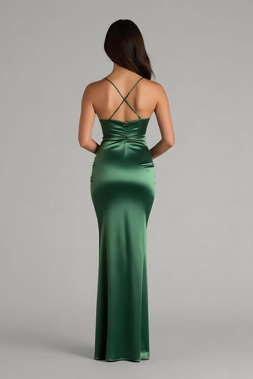 Dark Green Spaghetti Straps Satin Mermaid Long Bridesmaid Dress
